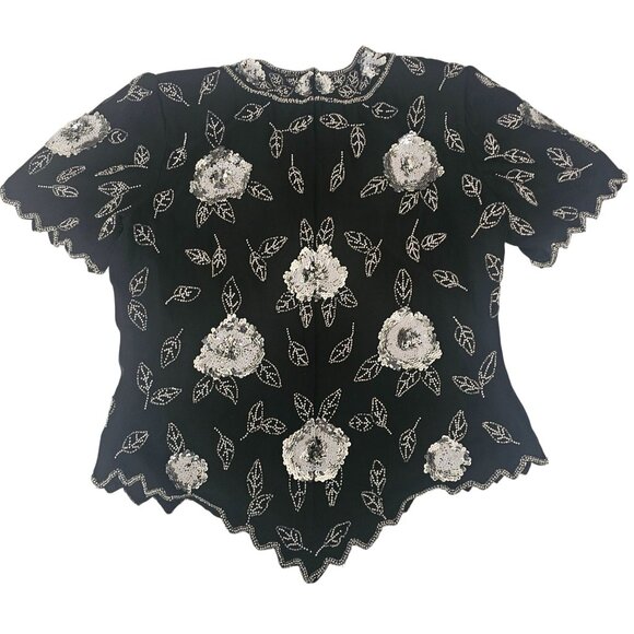 Marina By Marina Bresler Vintage Sequined & Beaded Scalloped Edge Blouse Medium - Picture 3 of 15